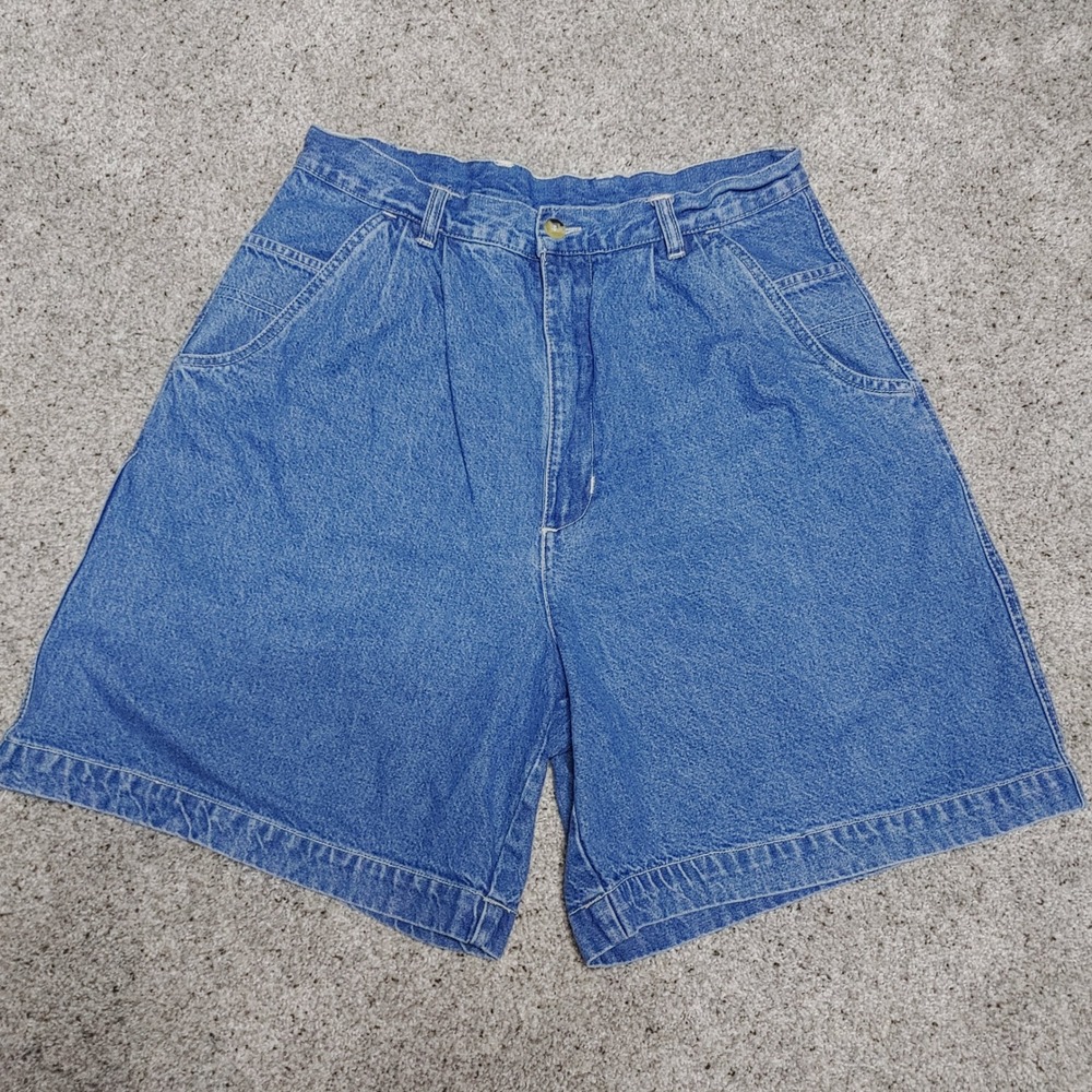 90s Premier Vtg High Tapered Waisted Denim Shorts Pleated Blue Cotton 10 Jorts